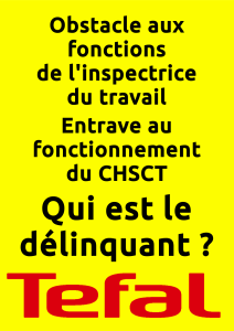 Affiche Obstacle aux fonctions de l'inspectrice du travail entrave au CHSCT qui est le délinquant ? Téfal