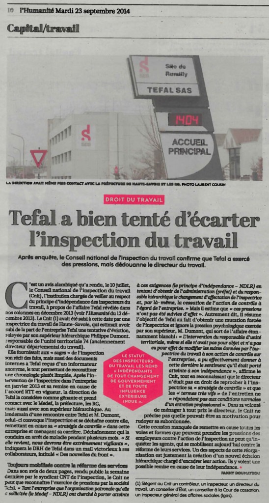 Le conseil national de l'inspection du travail confirme que l'inspection du travail a bien fait l'objet de pressions de la part de Téfal et du Medef local.